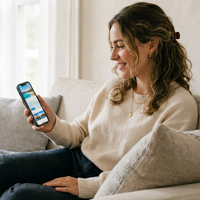 Firefly Gemini Flash Lifestyle photography of a relaxed young woman sitting comfortably on a couch, browsi