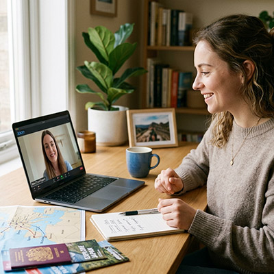 Firefly Lifestyle photography of a person sitting at a clean desk having a video call on a la