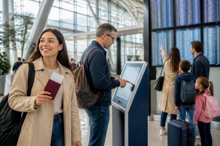 Reisende an einem Flughafen in Deutschland, die Informationen zu ihren Rechten einholen.