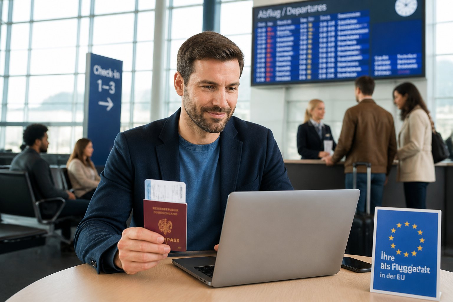 Ein Reisender überprüft Dokumente und einen Laptop in einem Flughafen, im Hintergrund andere Reisende und ein Service-Schalter.
