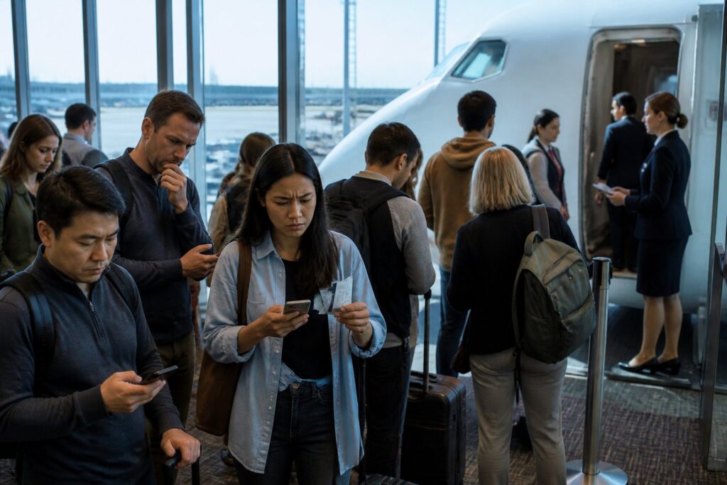 Menschen warten am Gate eines Flughafens, einige wirken besorgt, während sie auf das Boarding eines Flugzeugs warten.