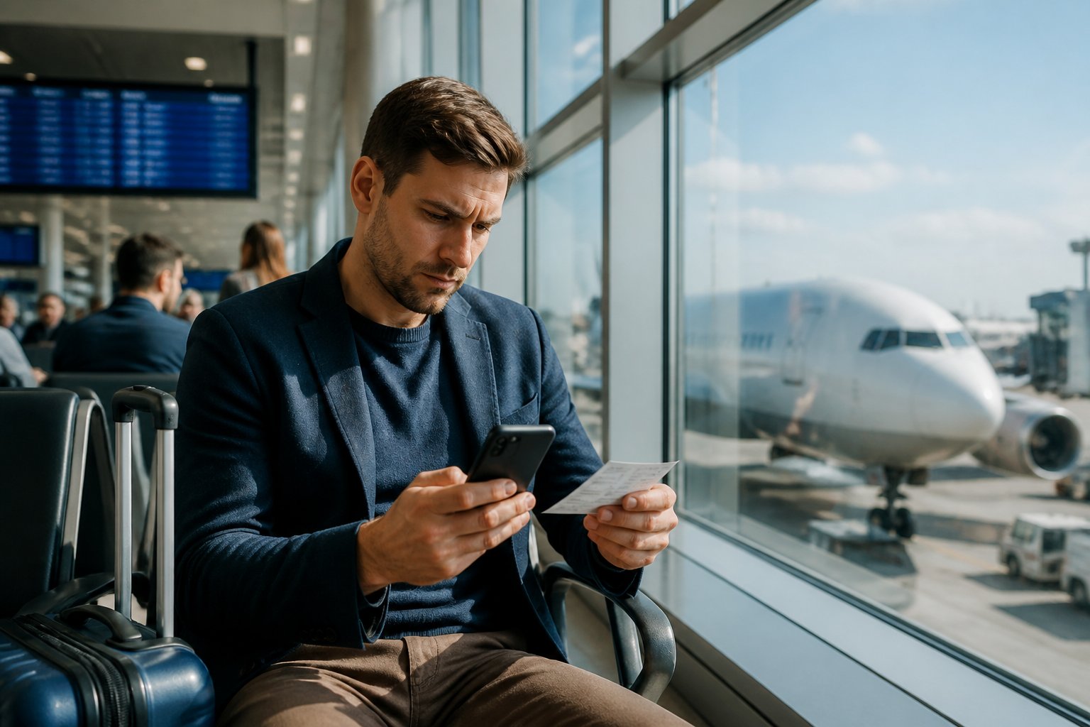 Ein Reisender schaut besorgt auf sein Handy in einer Flughafenhalle mit Flugzeug im Hintergrund.