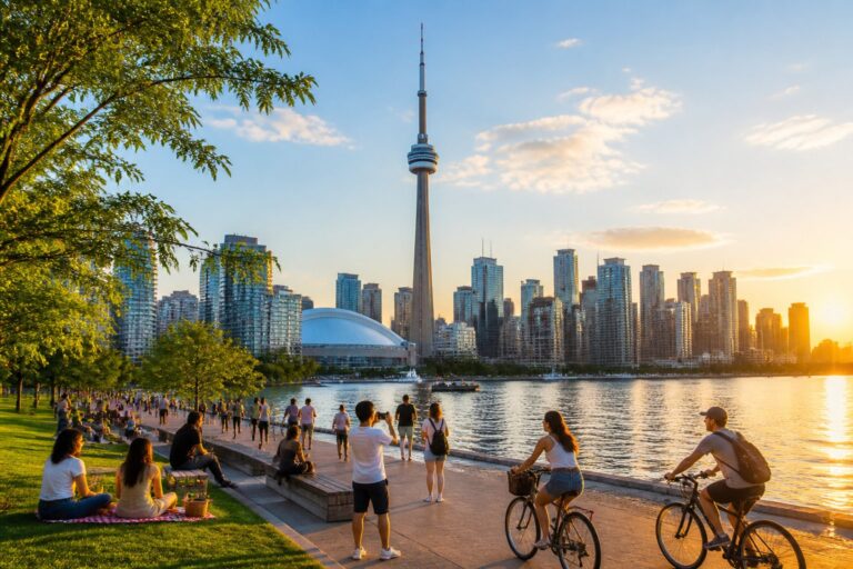 Blick auf die Skyline von Toronto mit dem CN Tower, einem Park und Menschen, die die Stadt genie&szlig;en.
