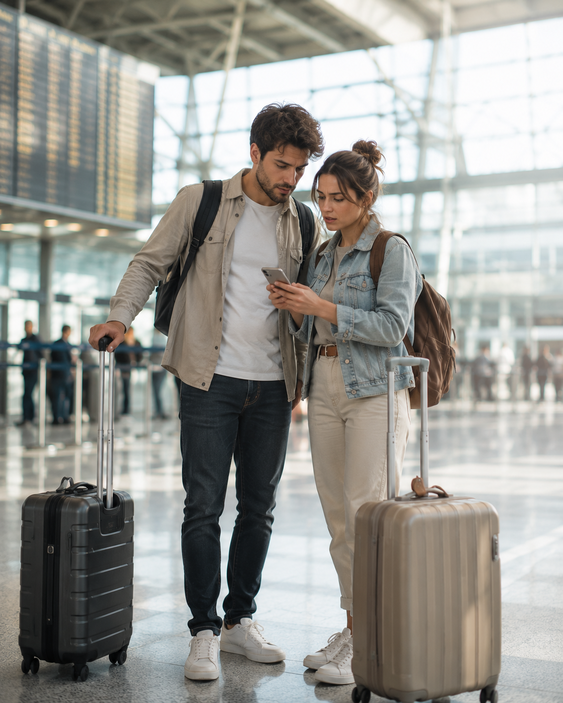 Junges Paar reagiert am Flughafen ruhig auf eine unerwartete Reiseänderung