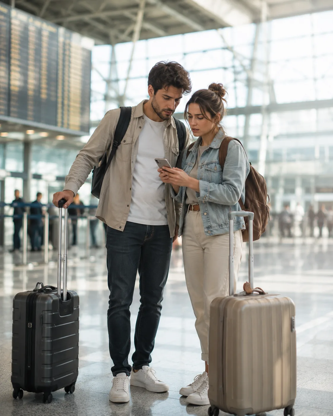 Junges Paar reagiert am Flughafen ruhig auf eine unerwartete Reiseänderung