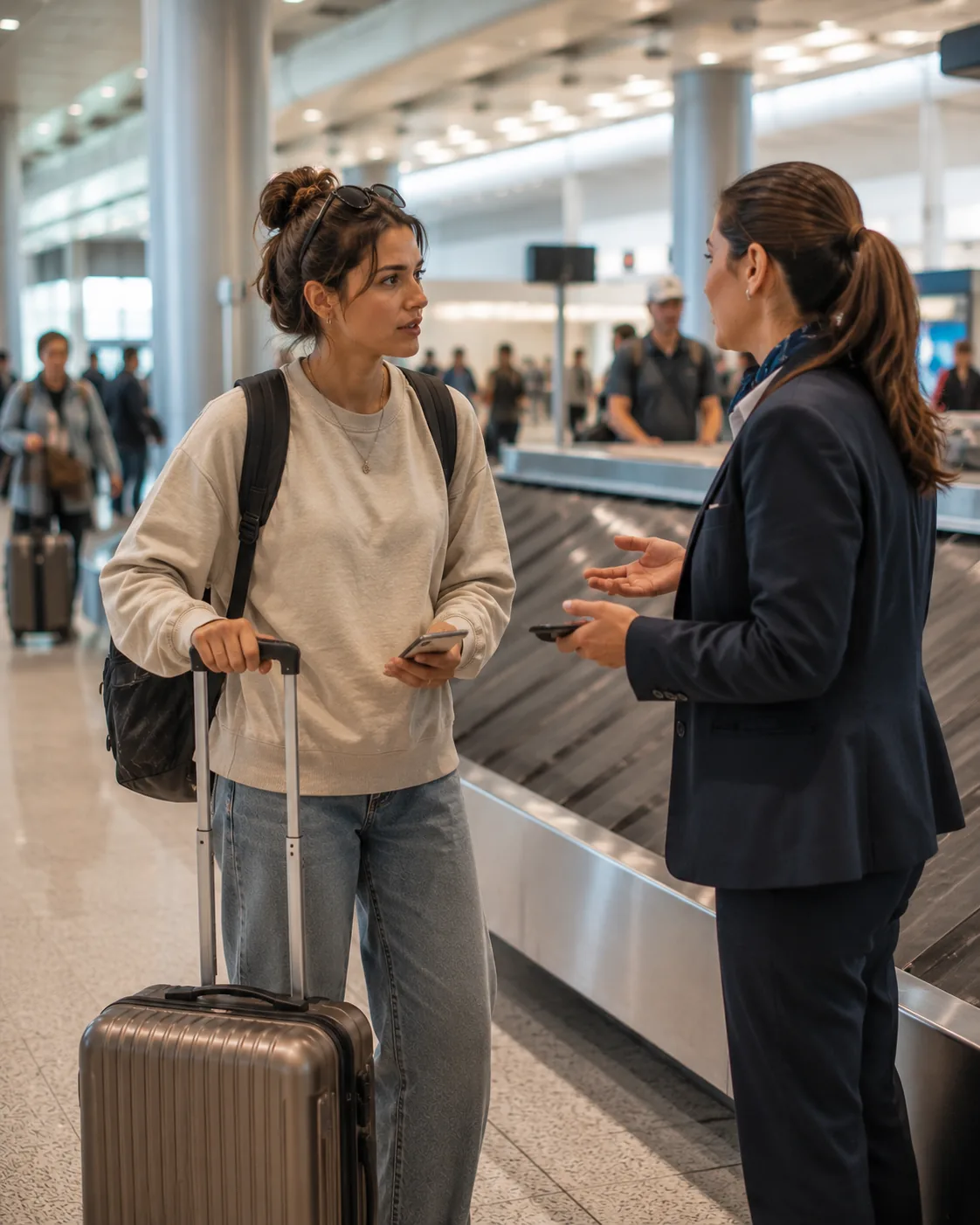 Junger Reisender klärt am Flughafen ein Problem mit seinem Gepäck