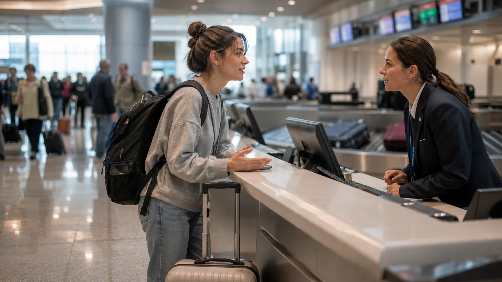 Reisender klärt am Flughafen ein Problem mit seinem Gepäck