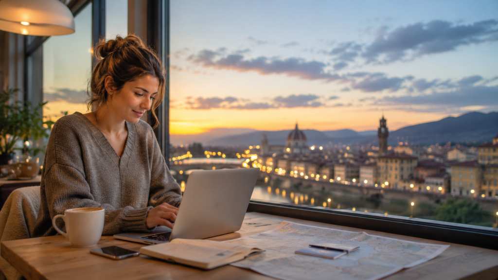 Junge Frau plant ihre Reise am Laptop in einem modernen Café mit Stadtblick bei Sonnenuntergang.