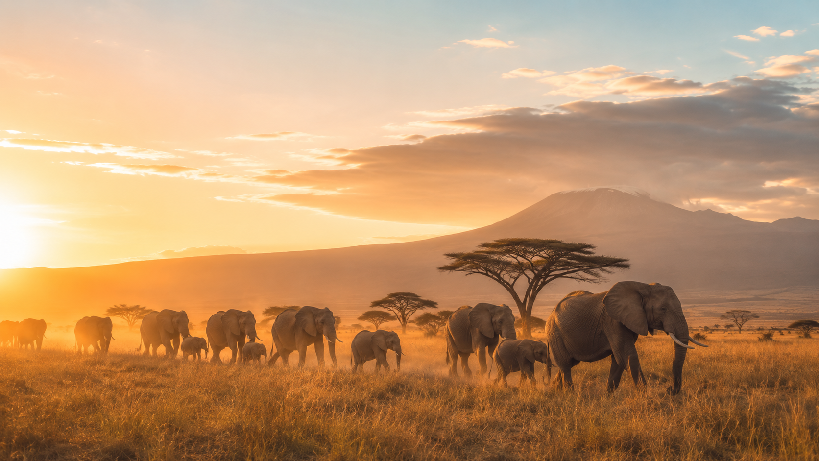 Elefantenherde in der afrikanischen Savanne bei Sonnenuntergang als Inspiration f&uuml;r individuell geplante Afrika-Reisen.