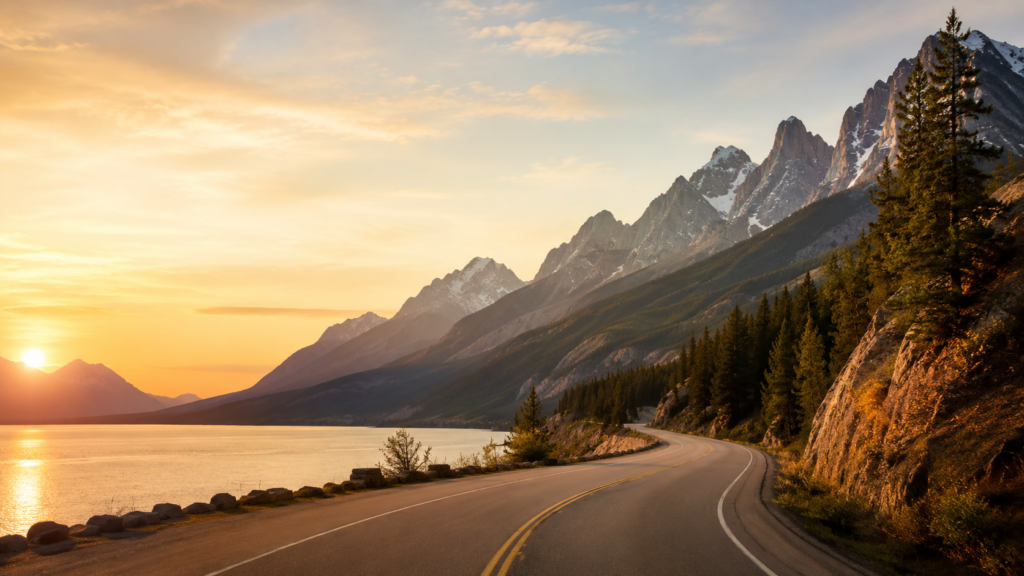 Roadtrip durch Amerika mit Bergsee und Sonnenuntergang