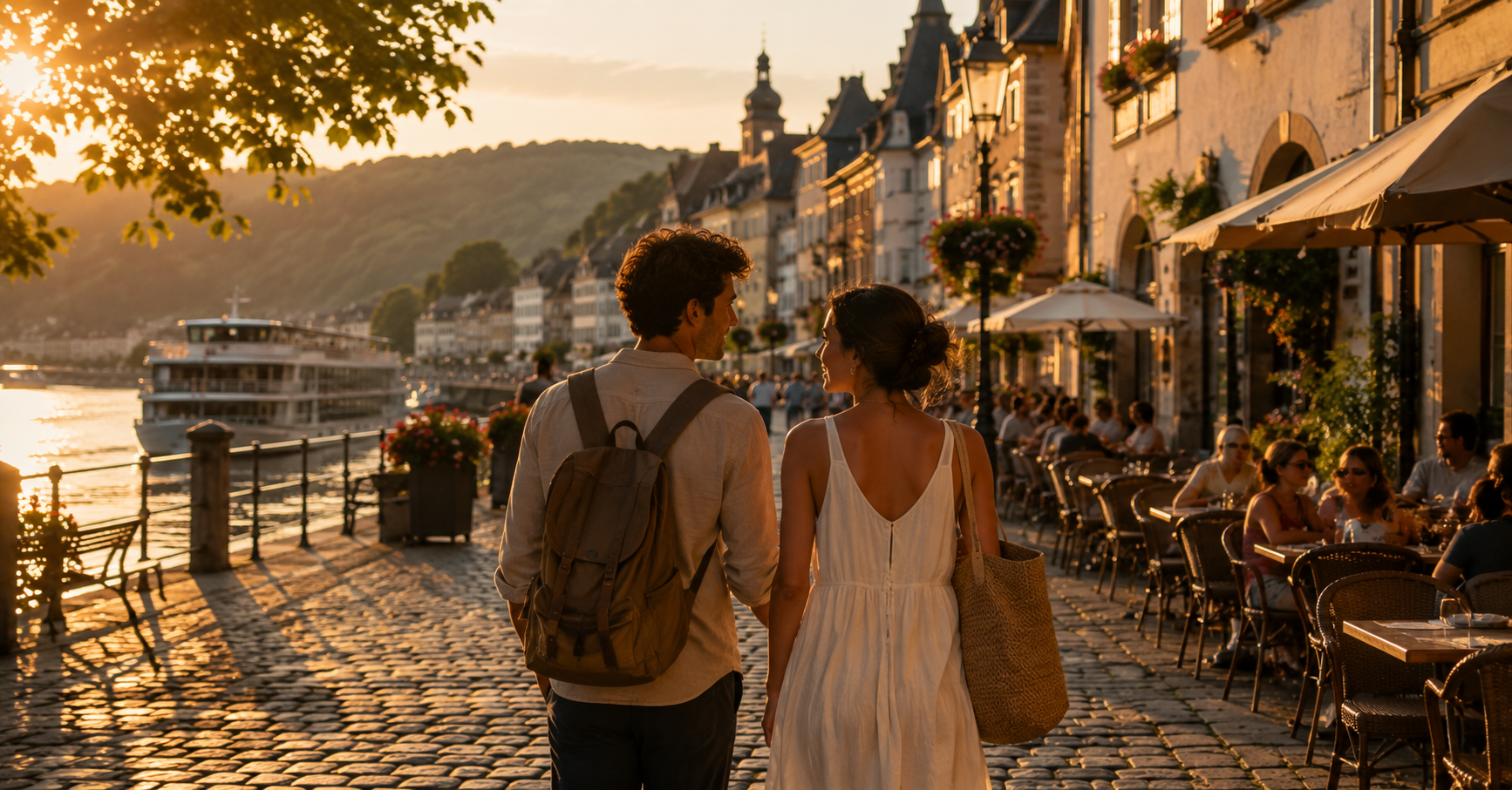 Reisende entdecken eine europäische Stadt während einer Flusskreuzfahrt