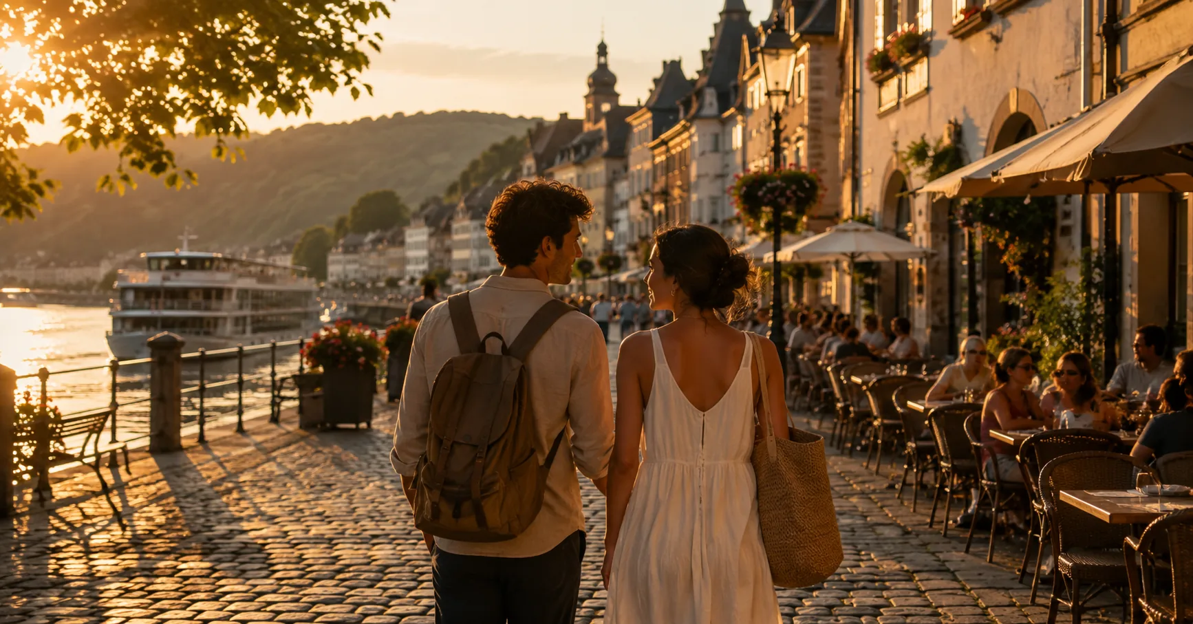 Reisende entdecken eine europäische Stadt während einer Flusskreuzfahrt