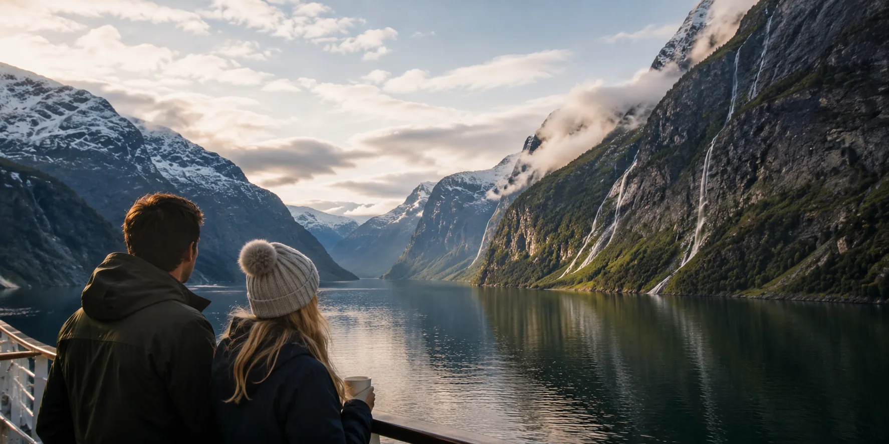 Reisende erleben norwegische Fjorde und Küstenlandschaften vom Schiff aus