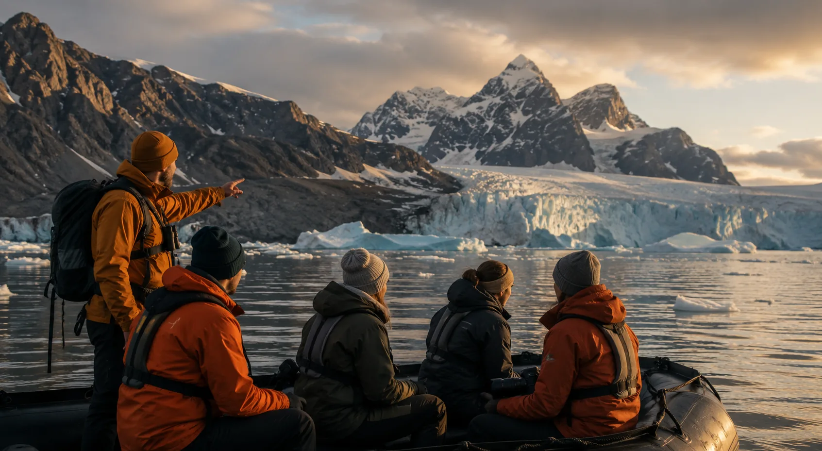 Reisende erkunden mit einem Expeditionsboot eine abgelegene Polarregion
