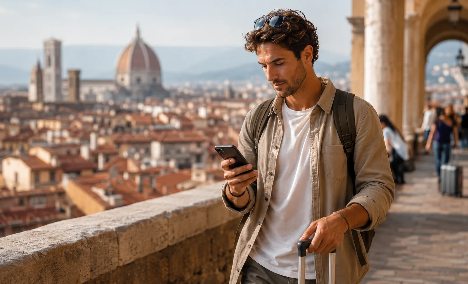 Reisende nutzt ihr Smartphone zur Orientierung und Kommunikation im Ausland