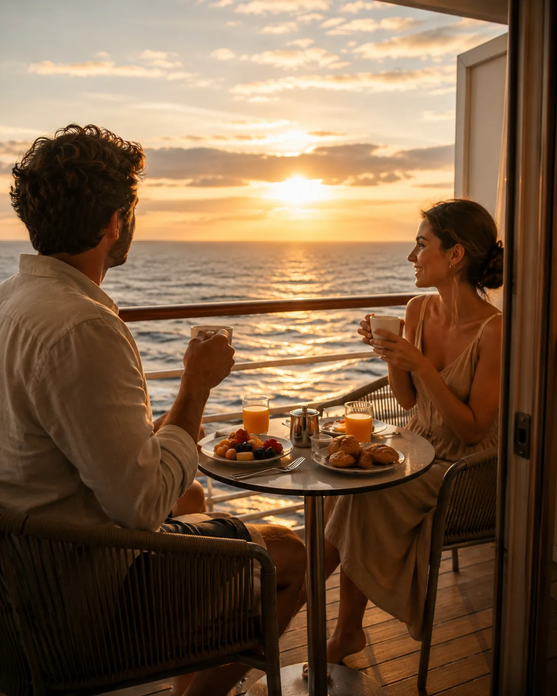 Paar genießt Frühstück auf dem privaten Balkon einer Hochseekreuzfahrt mit Blick auf das Meer