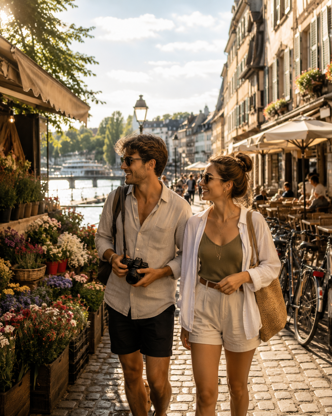 Zwei Reisende entdecken während einer Flusskreuzfahrt eine europäische Altstadt am Fluss