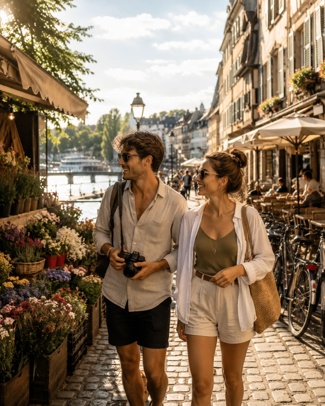 Zwei Reisende entdecken während einer Flusskreuzfahrt eine europäische Altstadt am Fluss