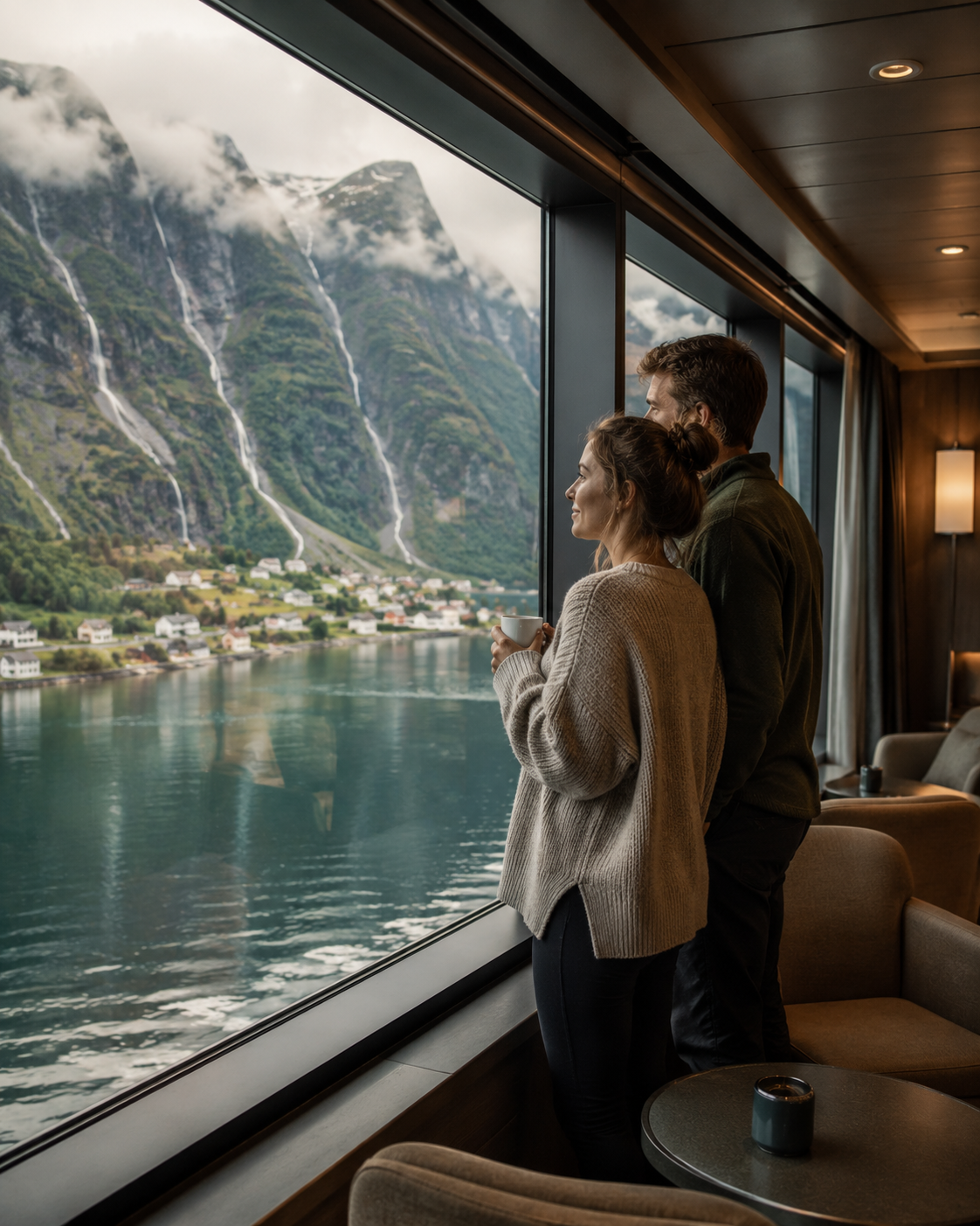 Reisende erleben norwegische Fjorde und Küstenlandschaften von einem Schiff aus