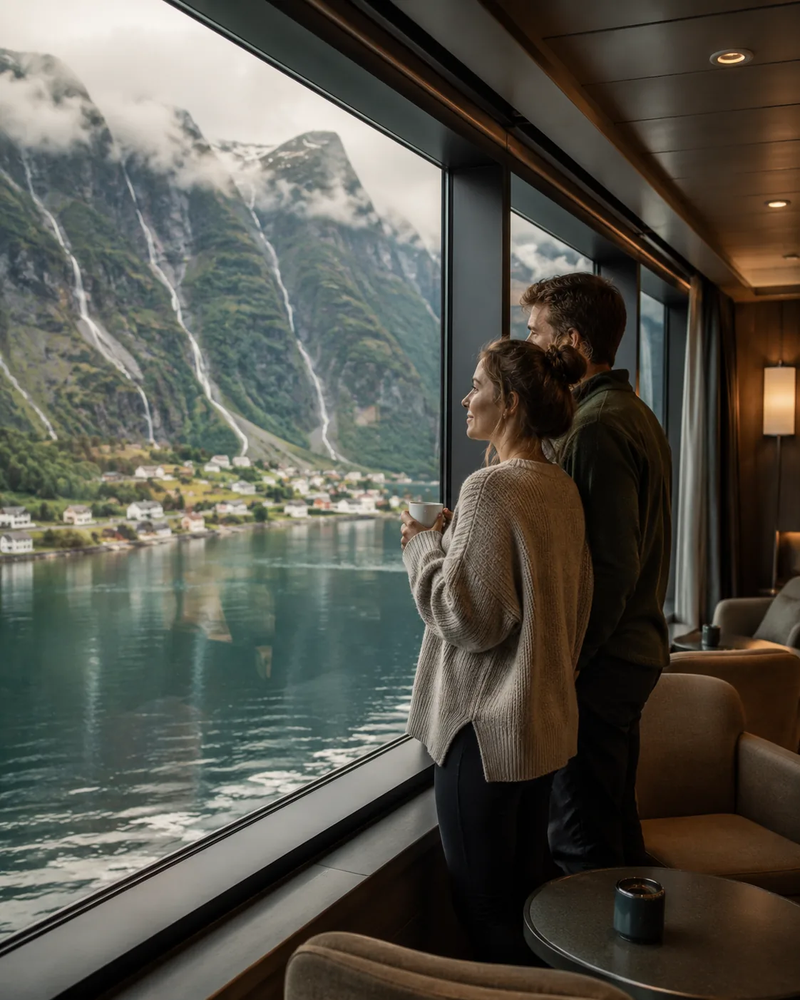 Reisende erleben norwegische Fjorde und Küstenlandschaften von einem Schiff aus