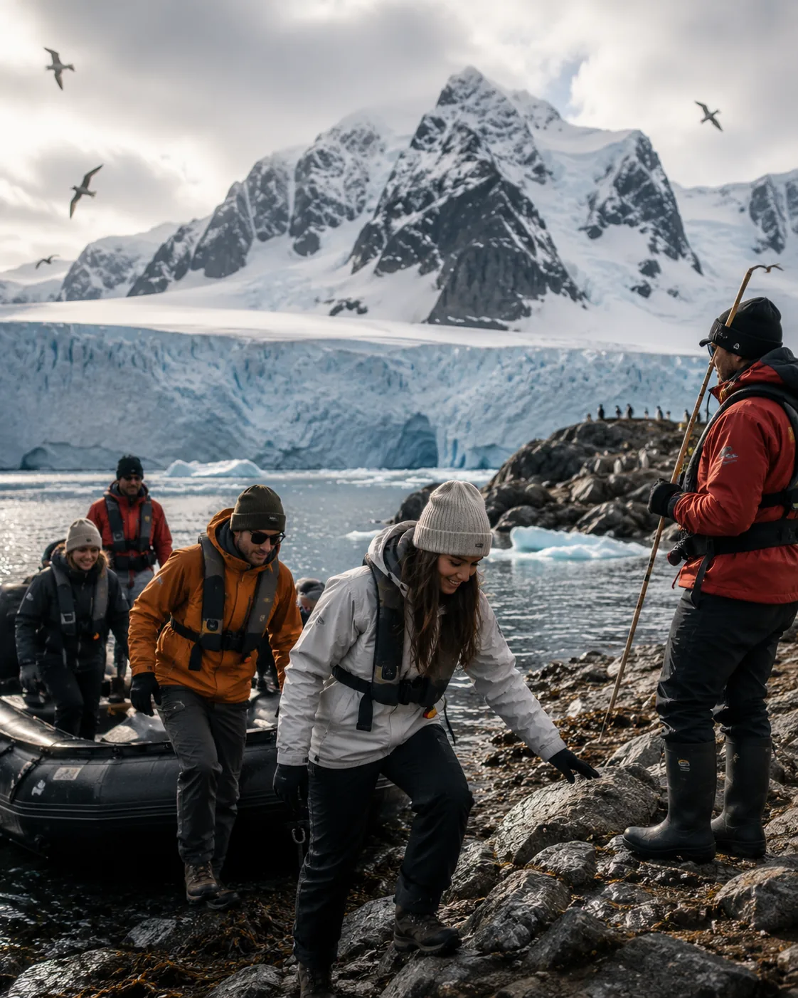 Reisende erkunden mit einem Expeditionsboot eine abgelegene arktische Landschaft