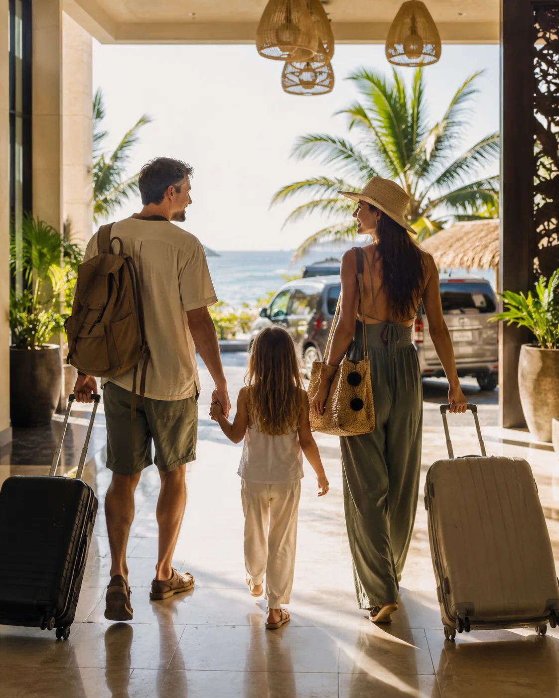 Paar kommt entspannt mit Gepäck in einem Urlaubshotel an