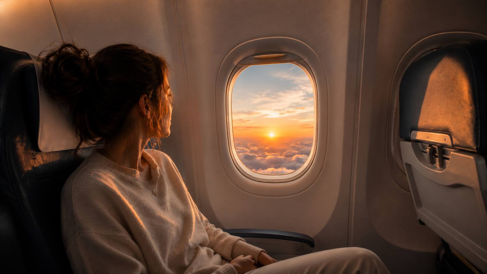 Reisende in einem Flugzeug mit Blick aus dem Fenster &uuml;ber die Wolken.