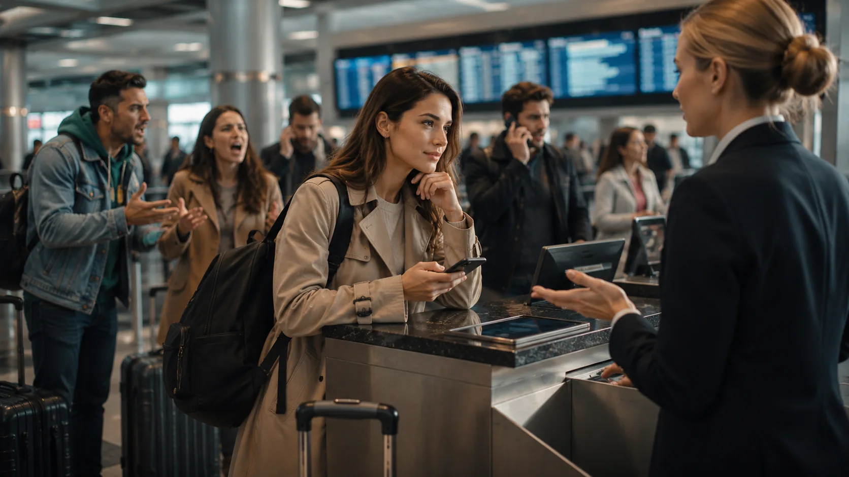 Reisende prüft nach einer Flugstörung alternative Flugverbindungen
