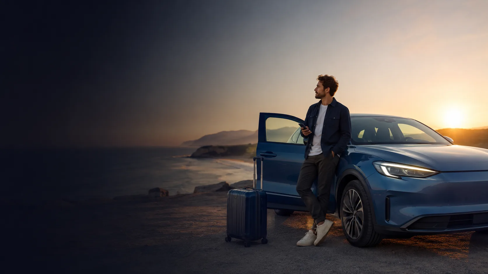 Reisender mit Koffer neben einem Mietwagen als Symbol für Mobilität und Reiseplanung mit 5XPLR
