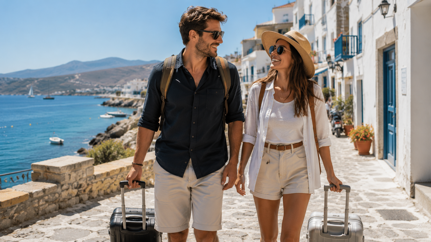 Junges Paar genie&szlig;t entspannt seine Reise an einem mediterranen Urlaubsort