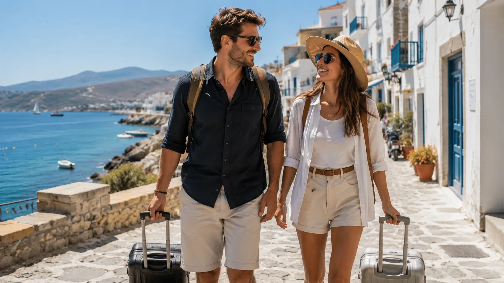 Junges Paar genie&szlig;t entspannt seine Reise an einem mediterranen Urlaubsort