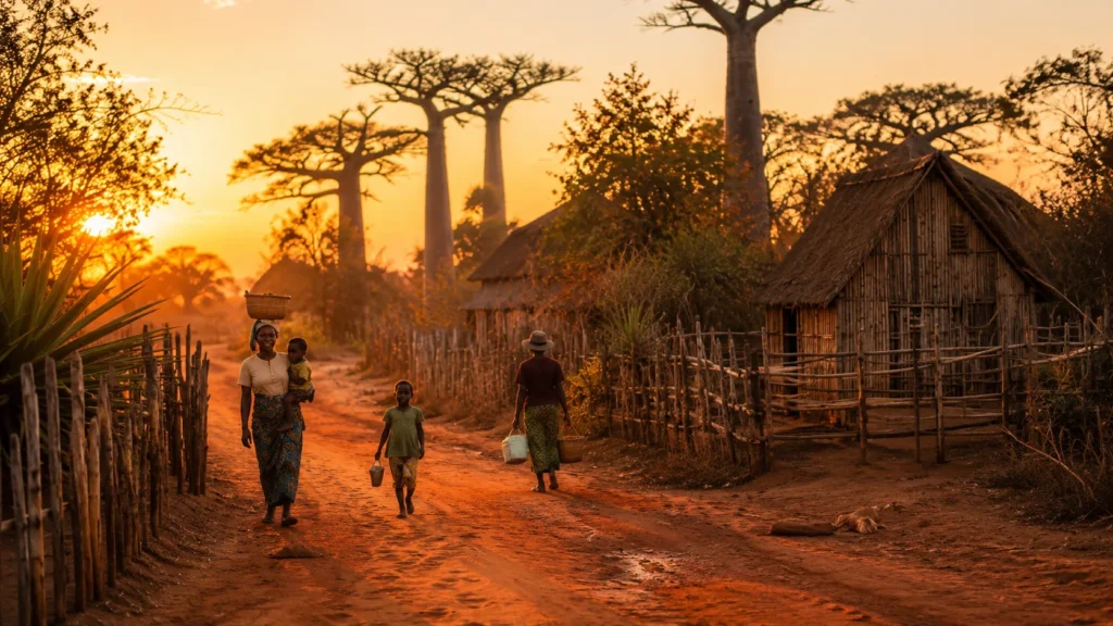 Menschen, Baobab-Bäume und Ochsenkarren in Madagaskar bei Abendlicht