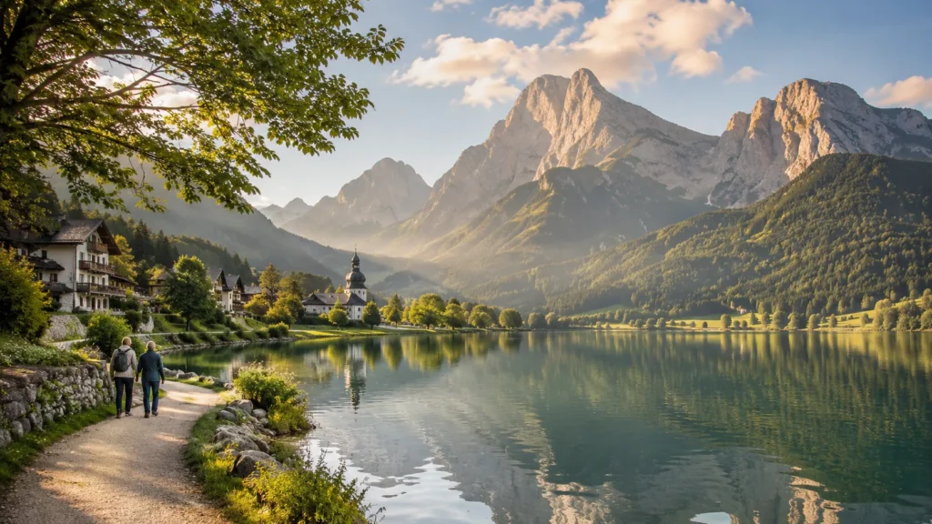 Alpenlandschaft mit Bergsee, grünen Wiesen und charmantem Dorf in Mitteleuropa.