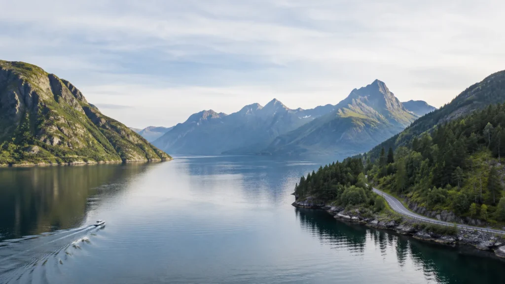 Skandinavische Landschaft mit Fjord, ruhigem Wasser, Wäldern und klarem nördlichem Licht.