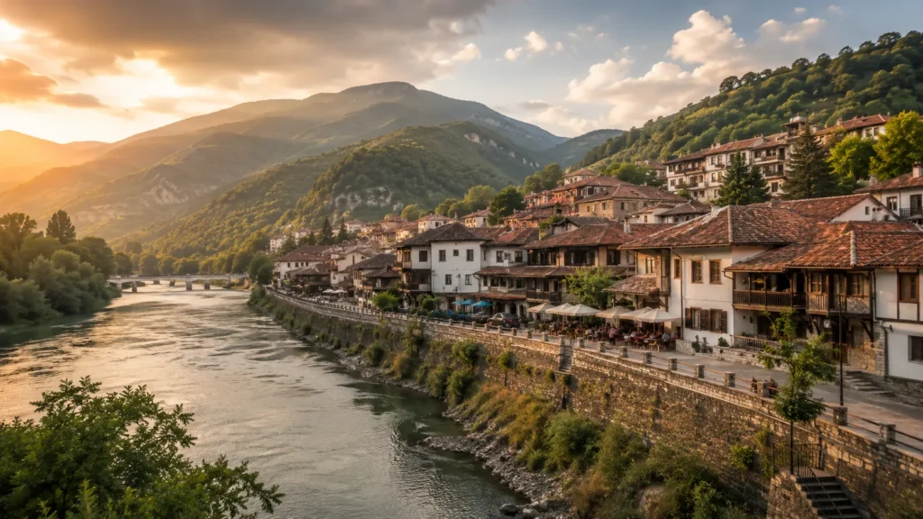 Authentische Landschaft in Osteuropa und dem Balkan mit Bergen, historischem Ort und warmem Licht.