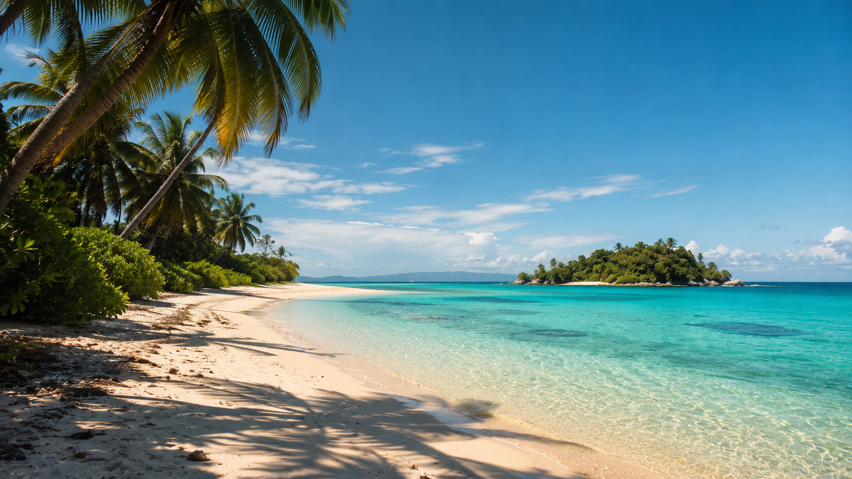 T&uuml;rkisfarbene Bucht mit wei&szlig;em Sandstrand und tropischer Insel als Inspiration f&uuml;r individuell geplante Ozeanien-Reisen.
