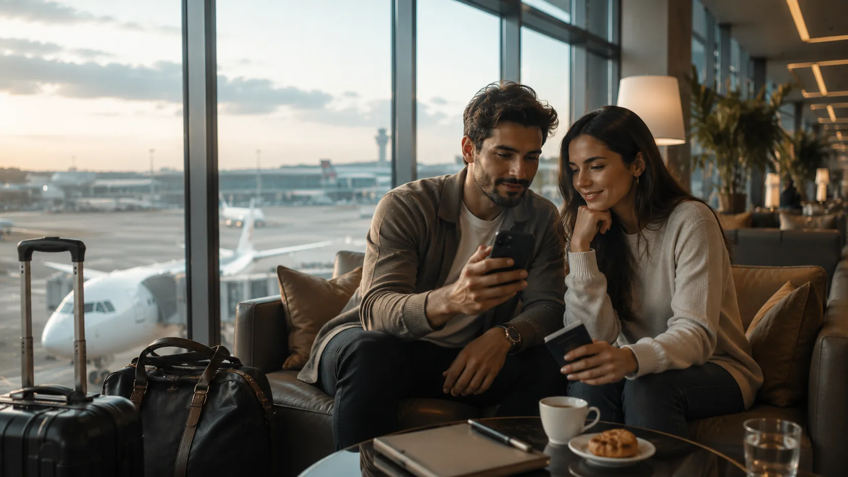 Reisende prüft Reisedokumente und praktische Leistungen für den Flughafen