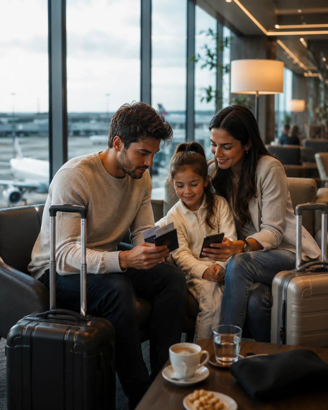 Reisende prüft Reisedokumente und praktische Leistungen für den Flughafen