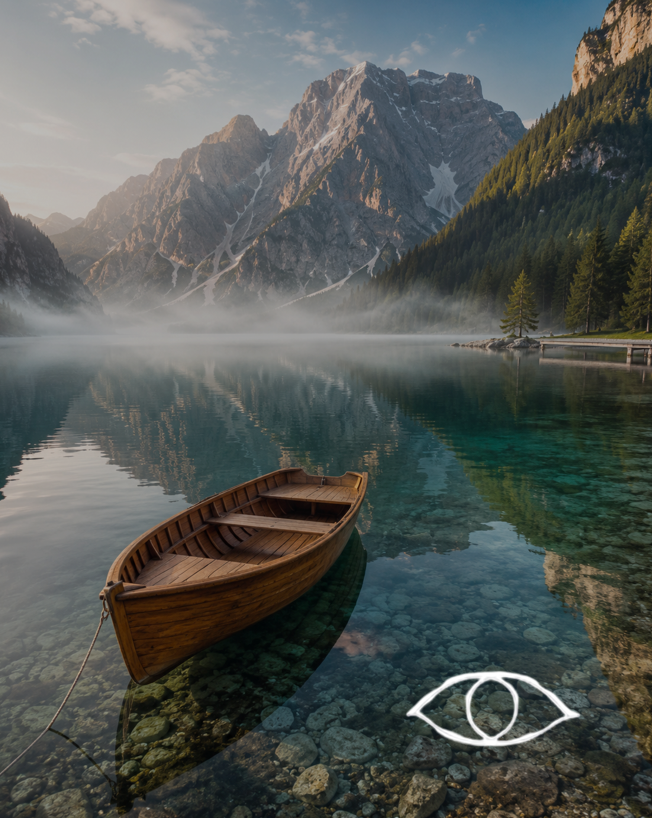 Boot auf einem Bergsee als Symbol f&uuml;r bewusstes Sehen auf Reisen.