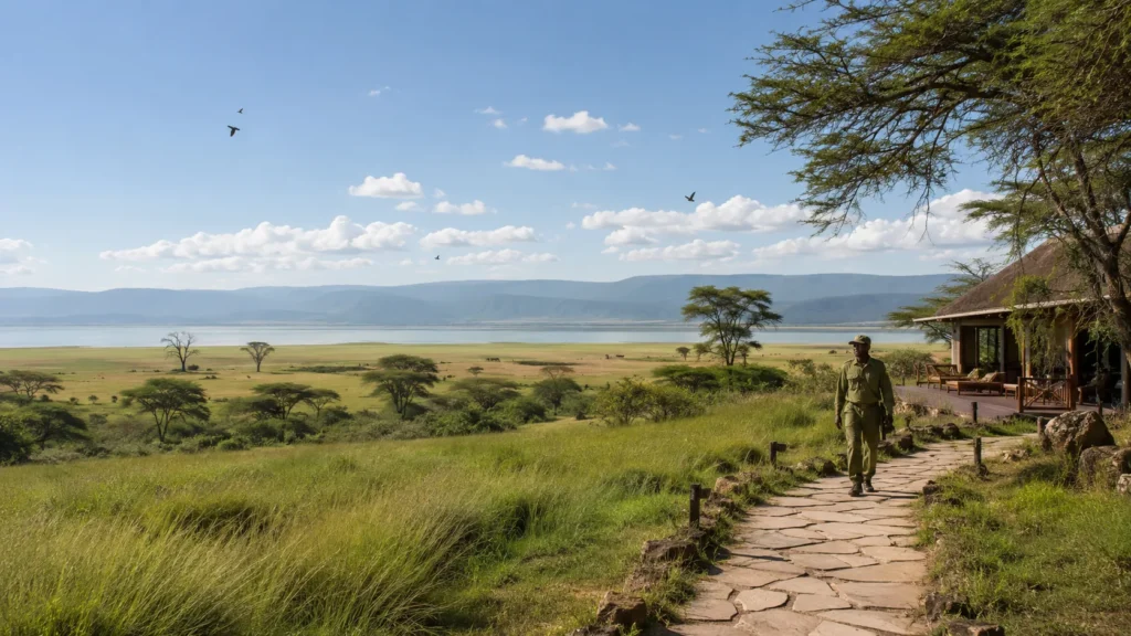 Natürliche Tageslichtszene im ostafrikanischen Rift Valley mit Guide, Akazien und weitem Landschaftsblick.