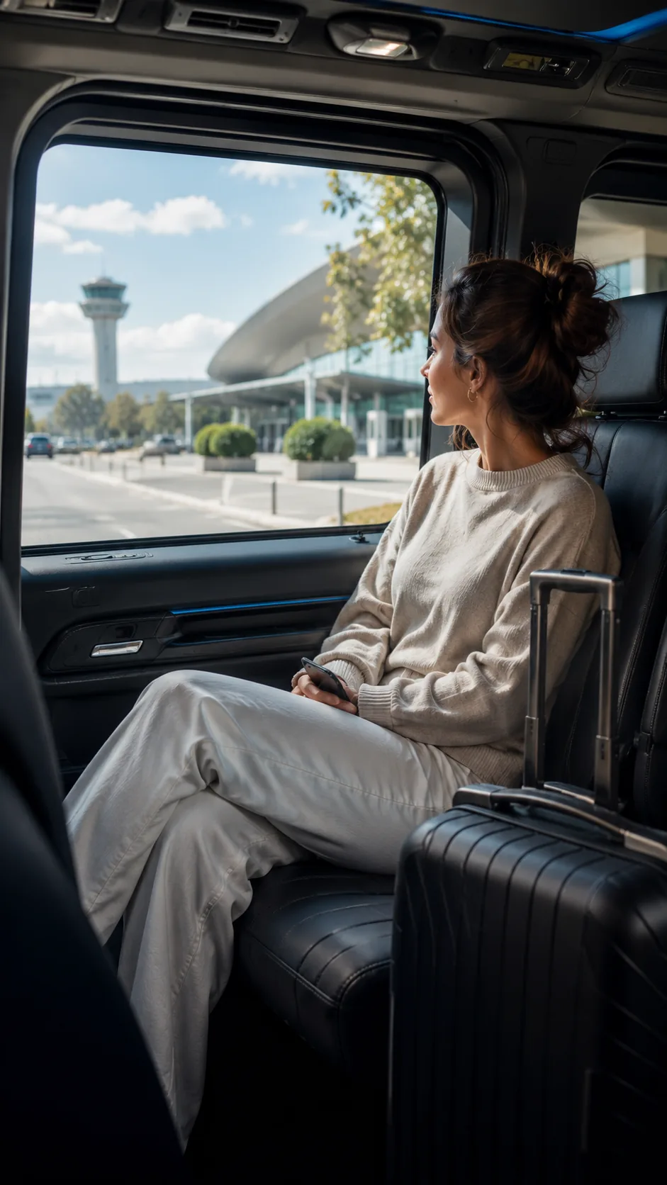 Reisende sitzt entspannt in einem Transfer-Van und blickt während der Fahrt aus dem Fenster
