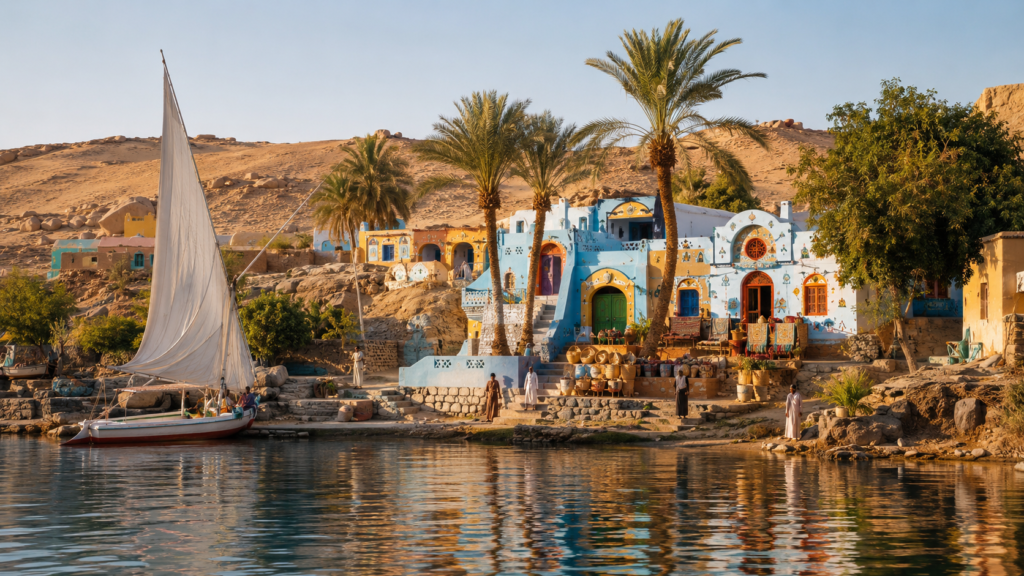 Nubisches Dorf am Nil in Ägypten mit Feluke, Palmen und warmem Wüstenlicht.