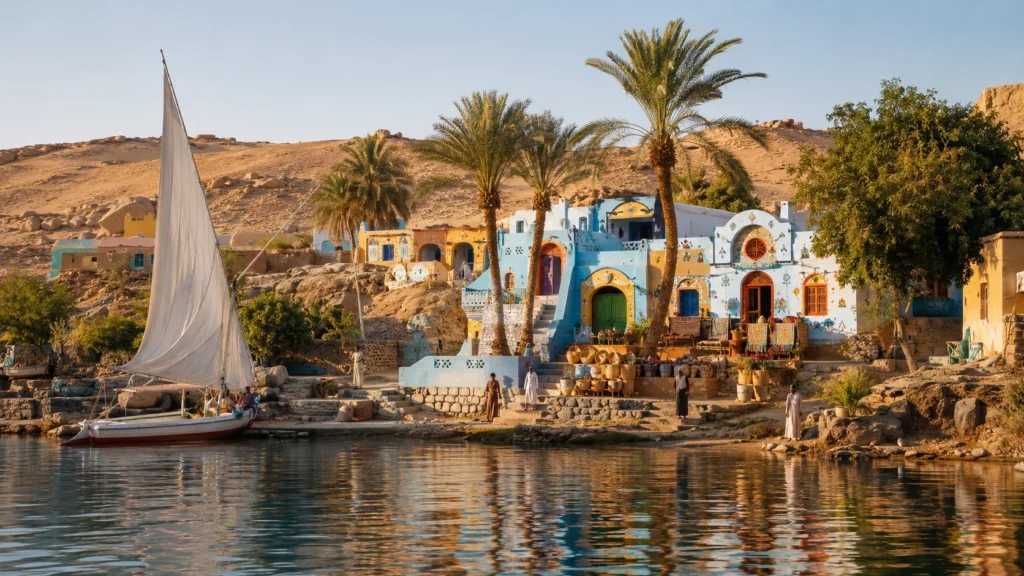 Nubisches Dorf am Nil in Ägypten mit Feluke, Palmen und warmem Wüstenlicht.