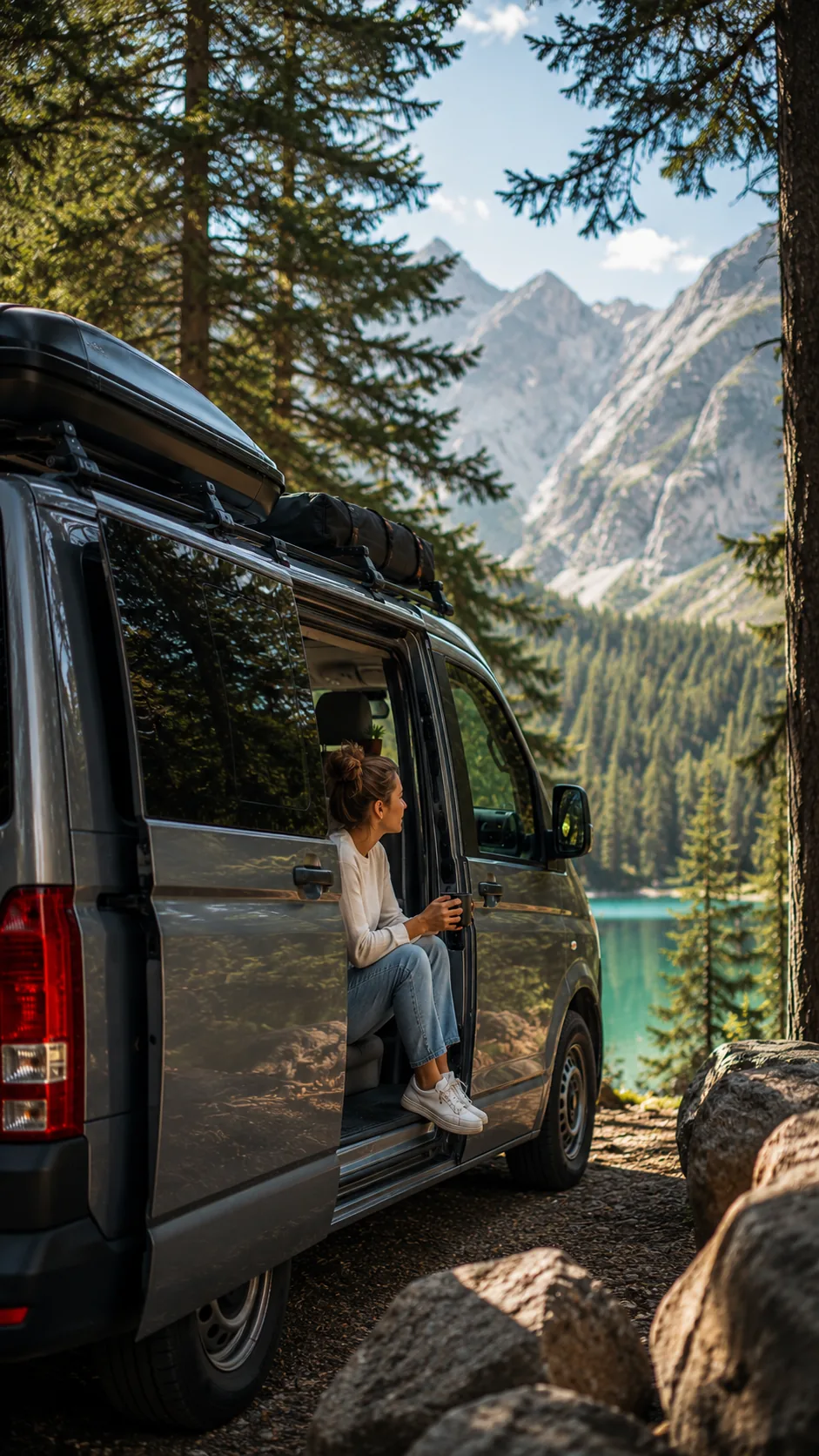 Camper-Van mit Dachgepäckträger auf einer Reise durch eine bewaldete Landschaft
