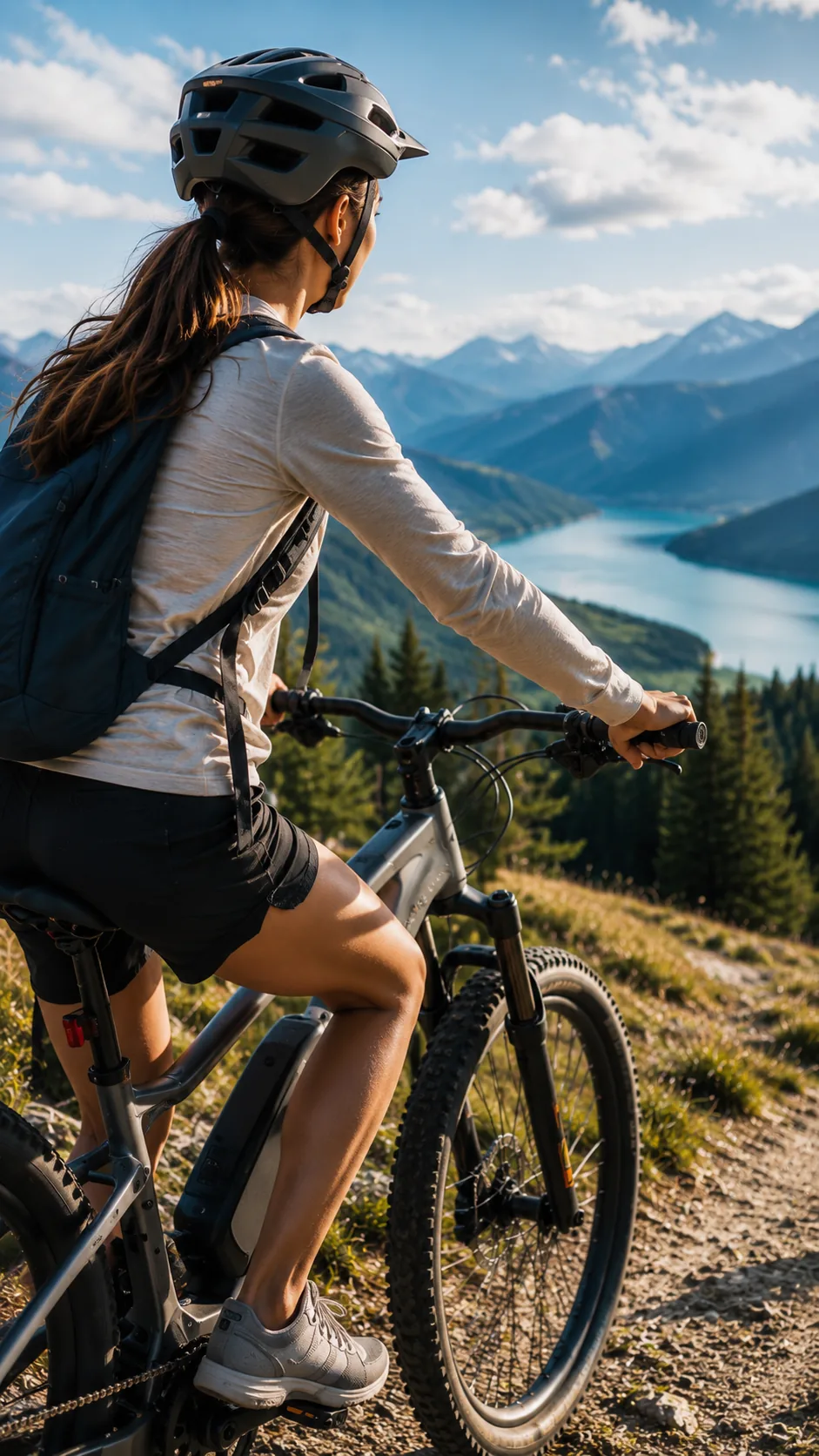Reisender mit E-Bike auf einer landschaftlich schönen Downhill-Strecke für eine individuell geplante Fahrradreise