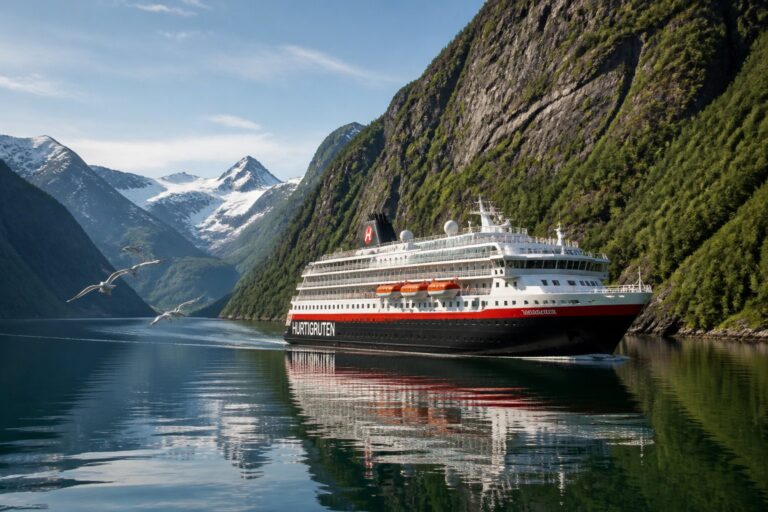 Ein Hurtigruten-Kreuzfahrtschiff f&auml;hrt durch norwegische Fjorde mit schneebedeckten Bergen und ruhigem Wasser.