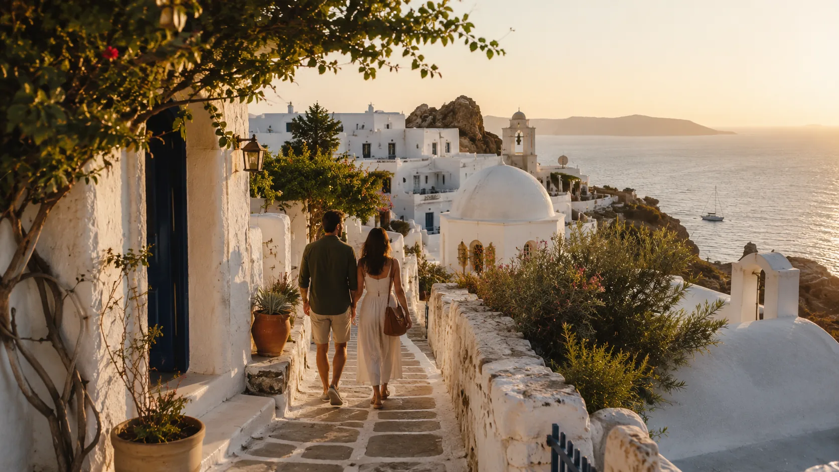 Wei&szlig; get&uuml;nchte H&auml;user und sonnige Gassen auf einer griechischen Kykladeninsel
