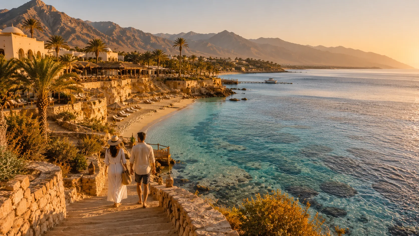 &Auml;gyptische K&uuml;ste am Roten Meer mit Urlaubsort und t&uuml;rkisblauem Wasser