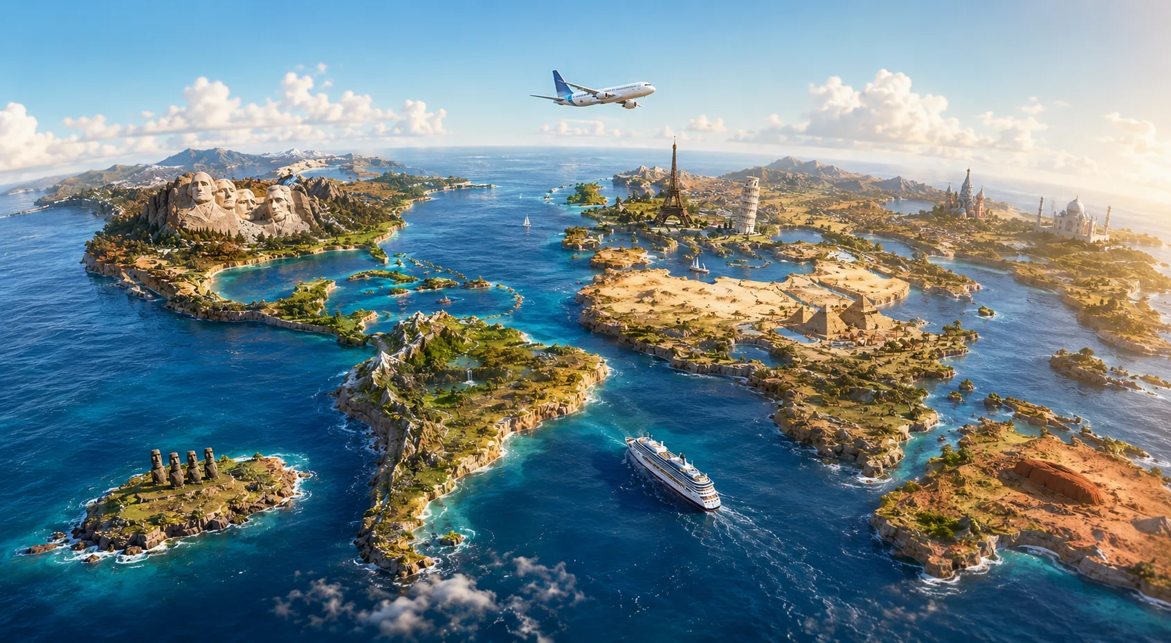 Illustrierte Weltkarte mit bekannten Reisezielen, Flugzeug und Kreuzfahrtschiff
