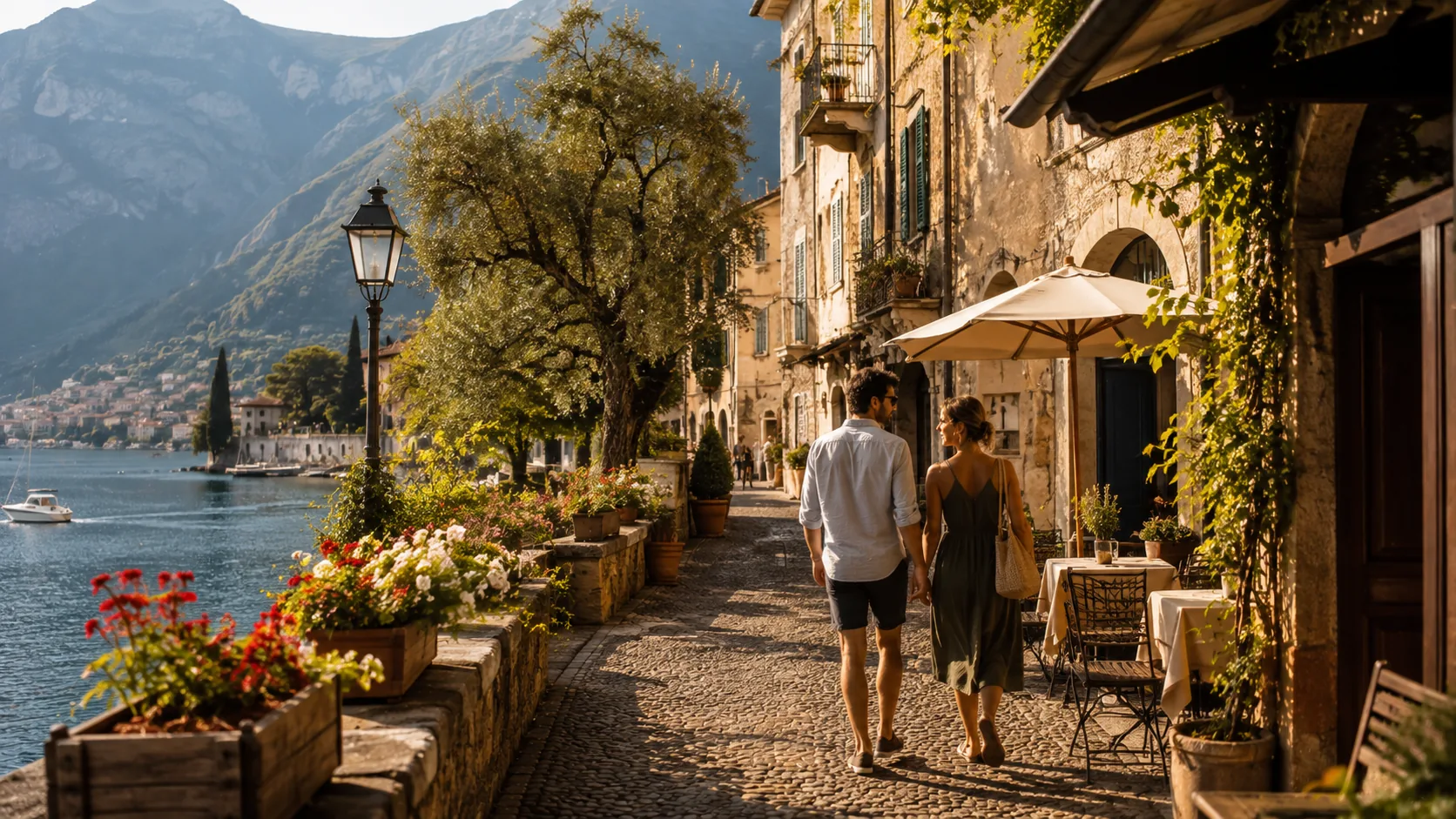 Historische italienische Uferpromenade mit Caf&eacute;s und mediterranen H&auml;usern